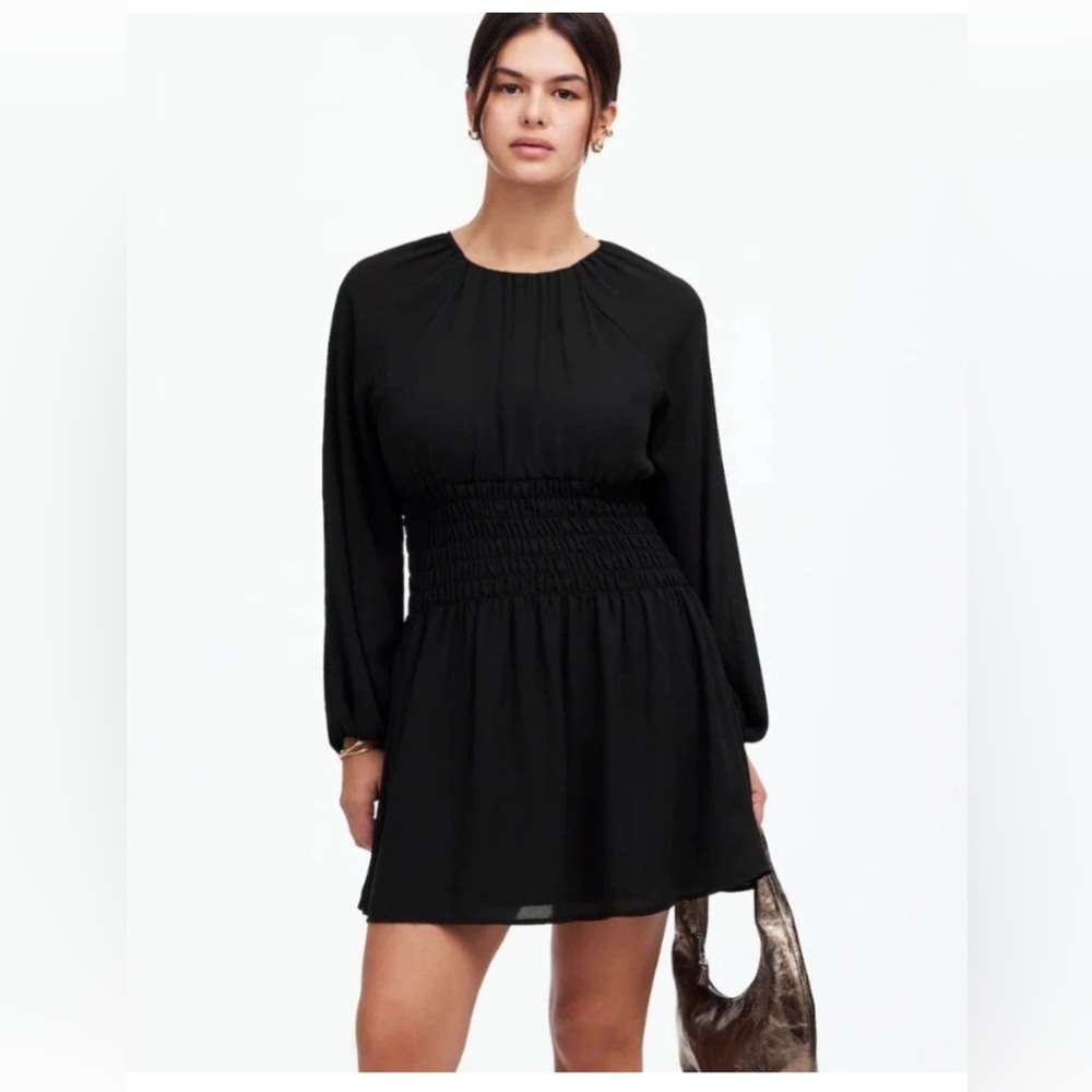 Madewell Bubble-Sleeve Smocked Mini Dress Womens XS Black Chiffon $148
